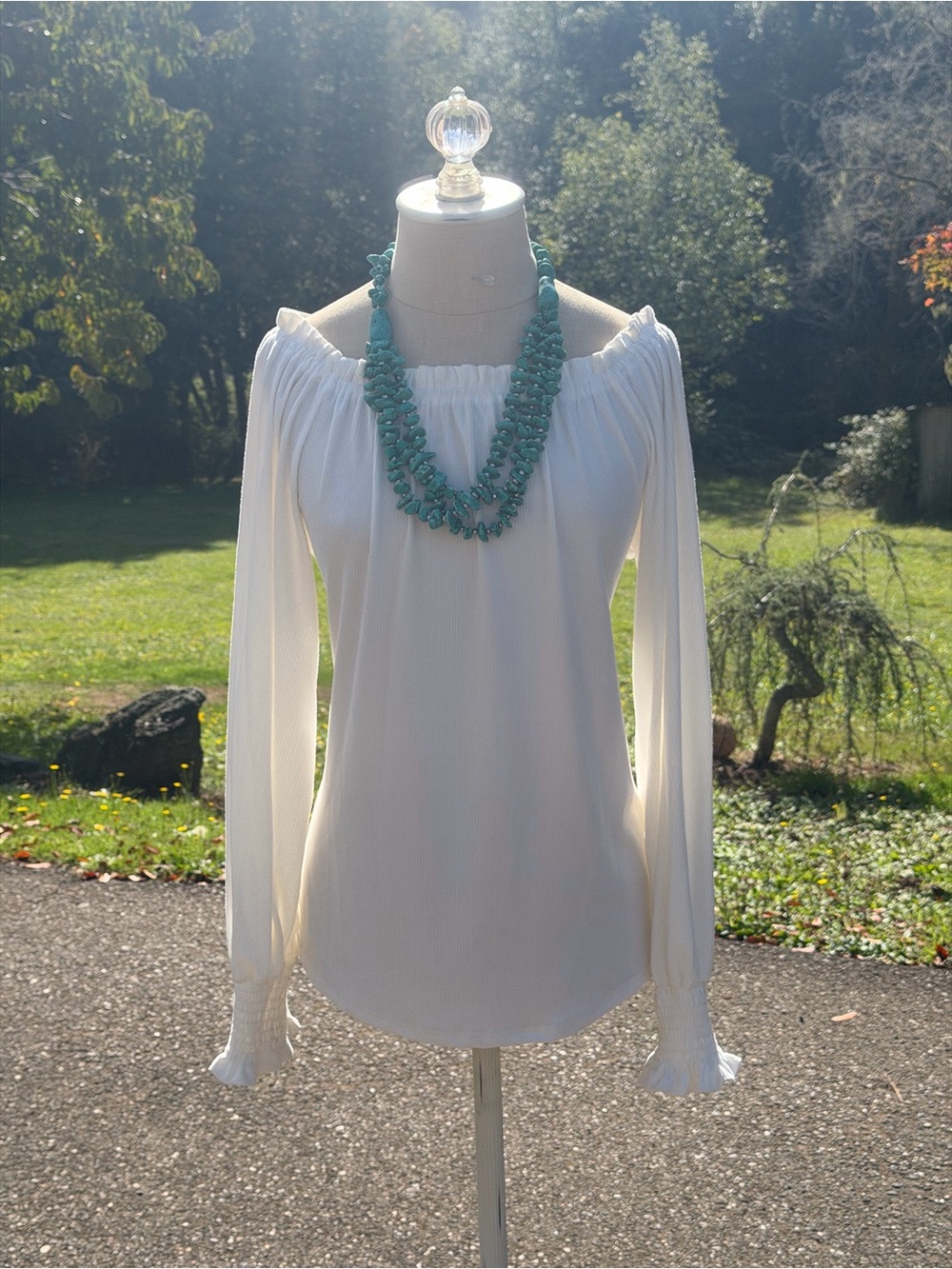 Vine & Love Off-Shoulder Cream Long-Sleeve Blouse 🤍✨🩵